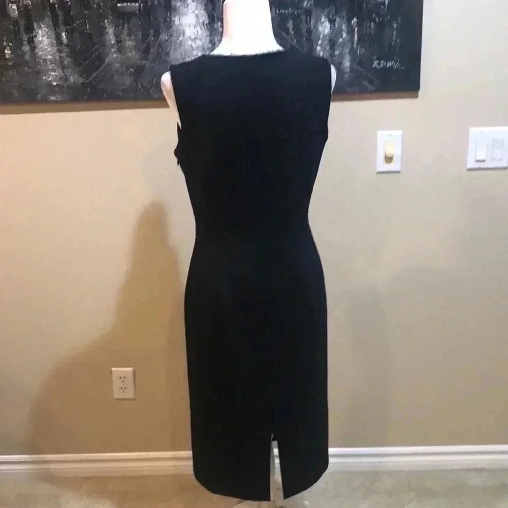 Tahari Sheer Outlined V-Neck Sheath Dress with Side Zipper and Back Slit-Size 6